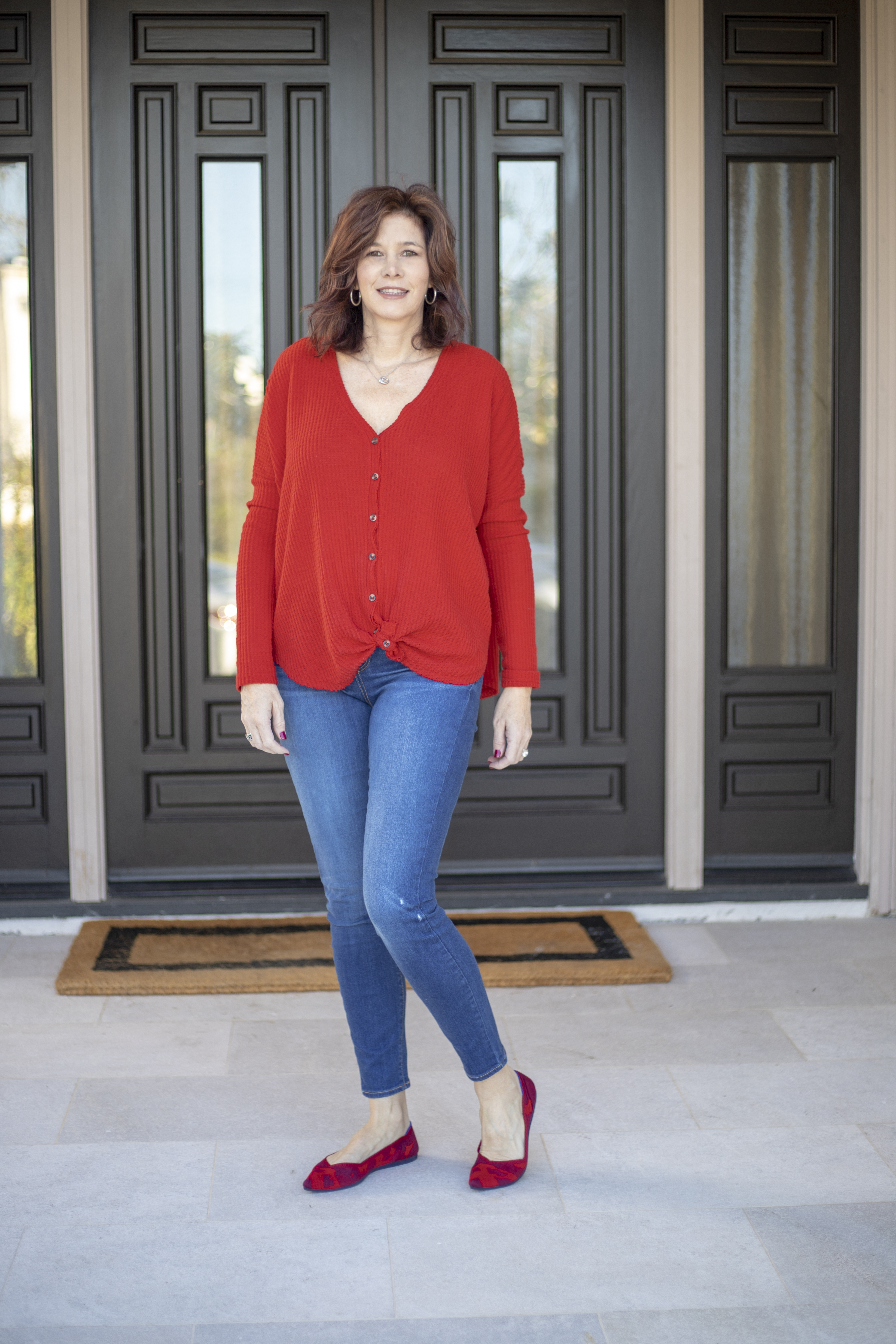 #valentines #valentinesoutfit #urbanoutfitters #redtop #agjeans #rothy