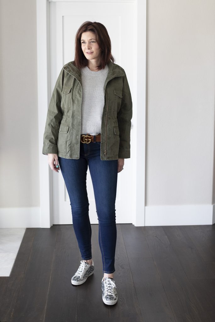 olive utility vest, gray tee, denim cutoff shorts, Sam Edelman