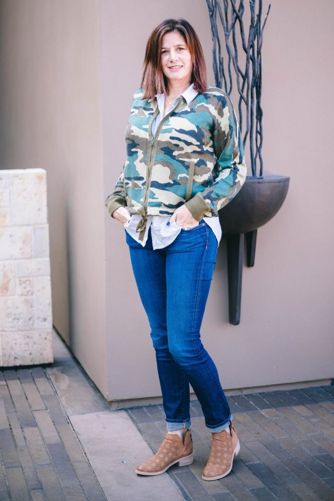 StyleDahlia wearing J.Crew camo sweater, striped blouse, jeans and booties.