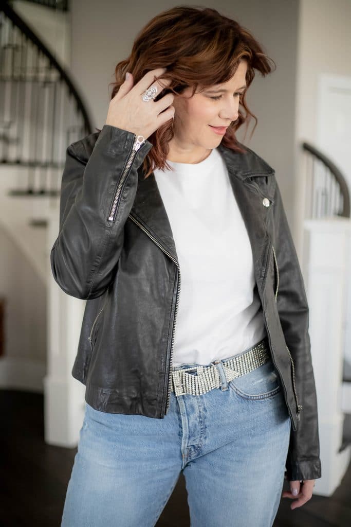 #madewell #leatherjacket #urbanoutfitters #whitetee