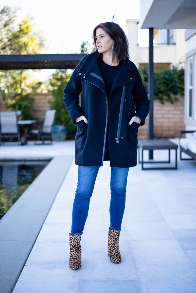 Midlife women wearing Madewell wool coat, jeans and leopard booties