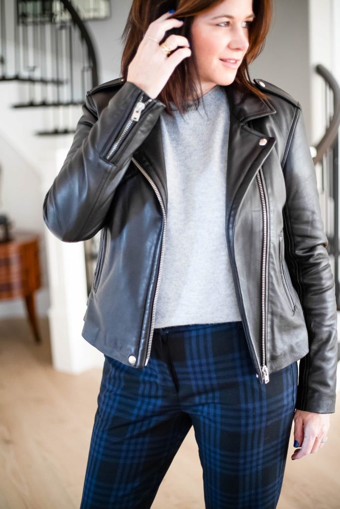 IRO leather jacket with grey sweater and plaid pants
