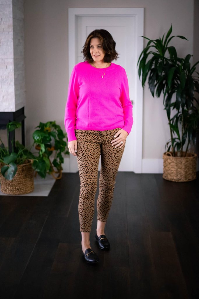 Over 50 women wearing J.Crew cashmere crew, leopard jeans and Gucci shoes