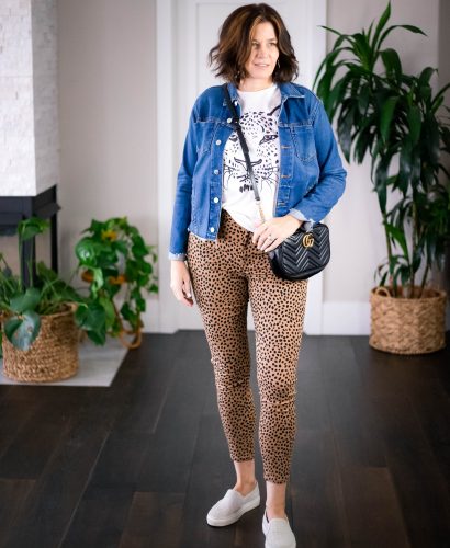 Over 50 women,Anthro Claire V tee, L'Agence Denim jacket, J.Crew leopard jeans and Gucci Marmont purse