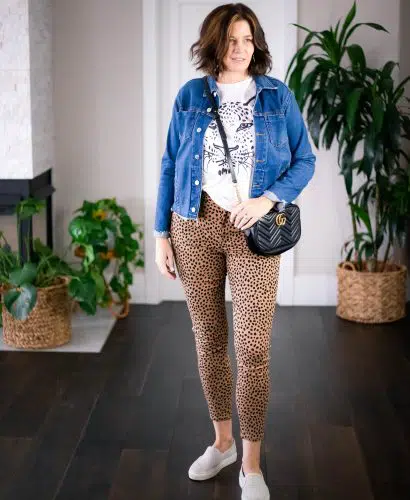 Over 50 women,Anthro Claire V tee, L'Agence Denim jacket, J.Crew leopard jeans and Gucci Marmont purse