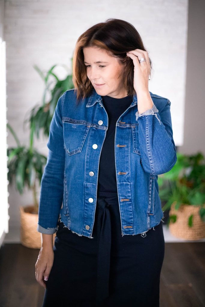 Women wearing Vince Tie Front T shirt Dress, L'agence denim jacket with GGDB sneakers