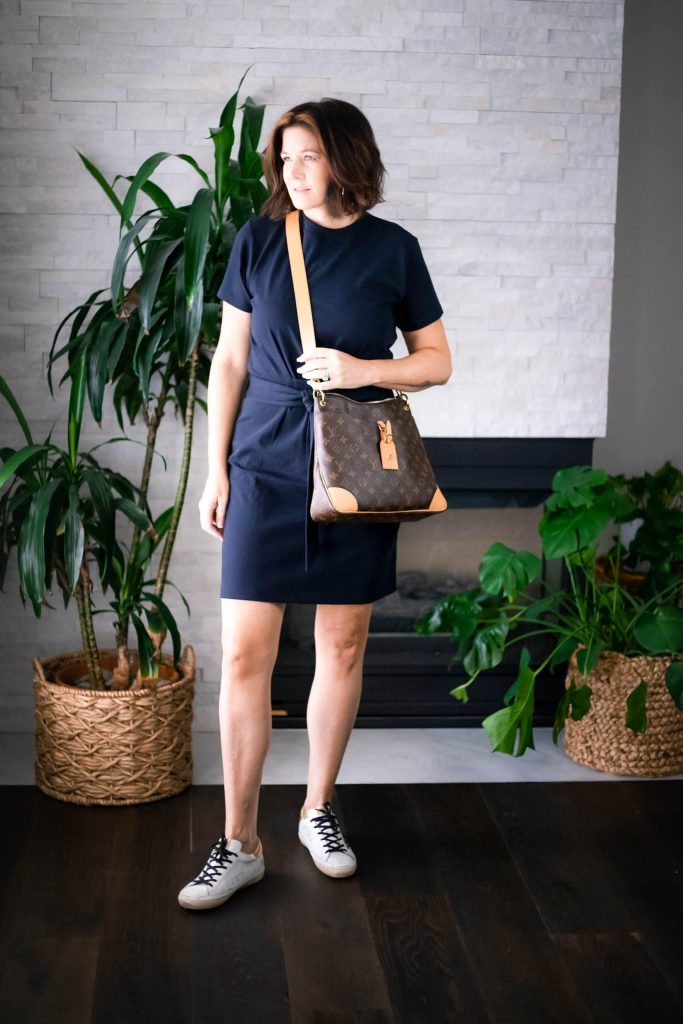 Women wearing Vince Tie Front T shirt Dress with GGDB sneakers