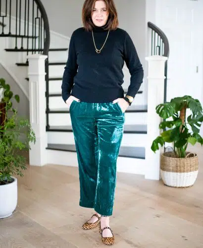 Women wearing J.Crew Pull-on velvet pants, cashmere turtleneck and leopard flats.