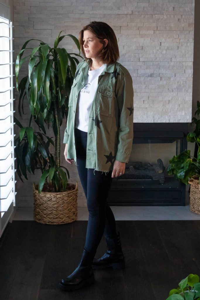 Women wearing Lug Sole boots with leggings and Utility Jacket