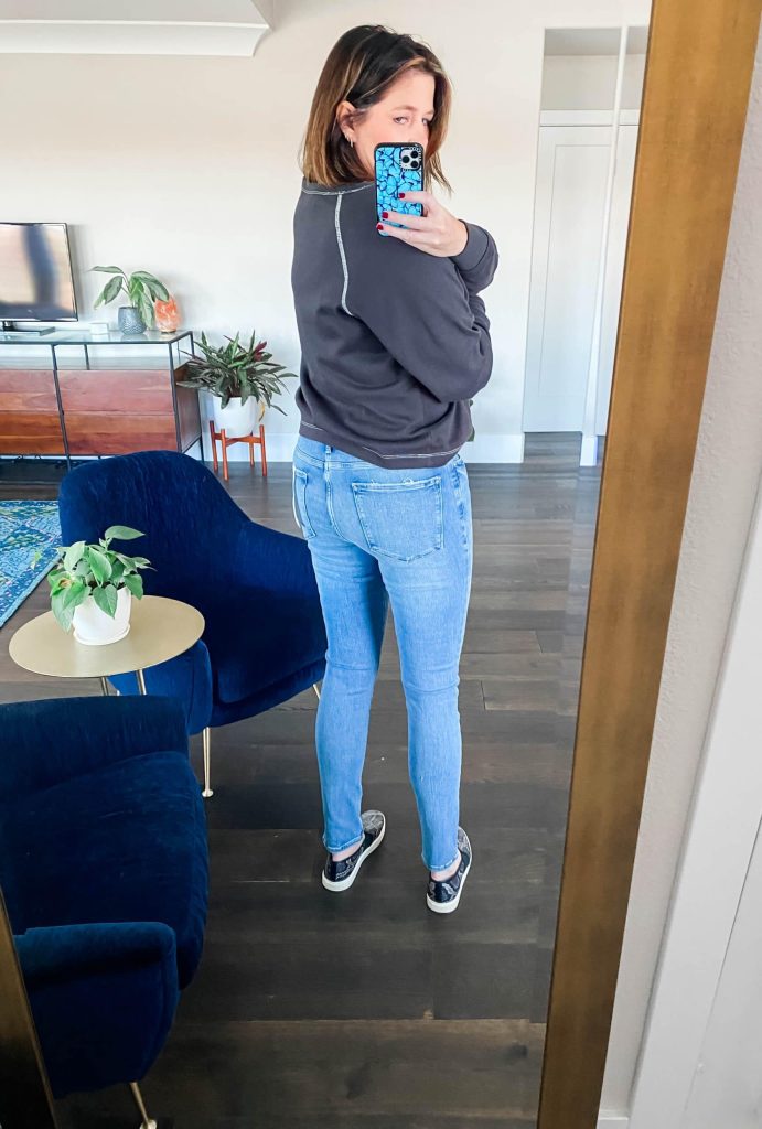 Midlife women wearing Frame Denim LeOne Inclusive Sizing Jeans