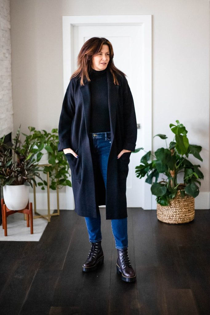 StyleDahlia wearing Dr. Martens, jeans, turtleneck and duster.
